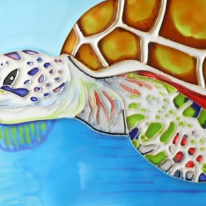 Turtle hand painted ceramic art tile 8 x 10 inches with felt back