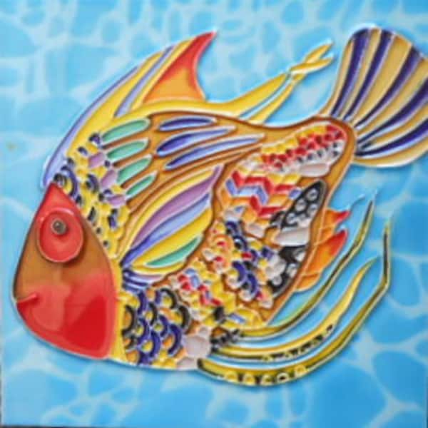 Fish fancy hand painted ceramic art tile 8 x 8 inches with fiberboard back