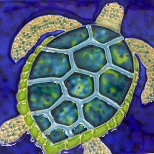 Turtle hand painted ceramic art tile 8x10 inches with felt back