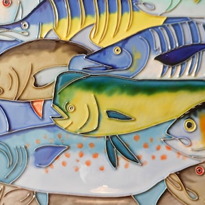 Fishes hand painted ceramic art tile 11 x 14 inches with felt back and hooks