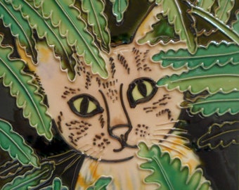 Cat hand painted ceramic art tile with easel back 4x4 inches
