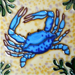 Blue crab hand painted ceramic art tile 6x6 inches with easel back