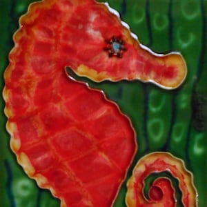 Seahorse hand painted ceramic art tile 6x6 inches with easel back