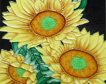 Sunflower hand painted ceramic art tile 8x8 inches with fiberboard back