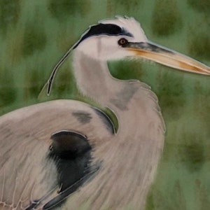 Puede incluir: Un azulejo de cerámica con una pintura detallada de una garza gris con un pico largo y delgado y marcas negras en la cabeza. La garza está sobre un fondo verde.