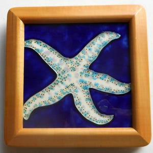 Starfish framed hand painted ceramic tile 6x6 inches