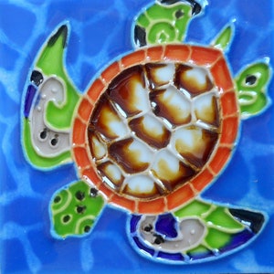Turtle hand painted ceramic art tile 4x4 inches with fiberboard back