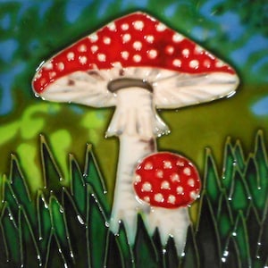 Mushroom hand painted ceramic art tile 6x6 inches