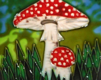 Mushroom hand painted ceramic art tile 6x6 inches