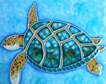 Turtle hand painted ceramic art tile 8x8 inches with easel back