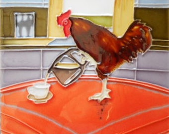 Rooster coffee hand painted ceramic art tile 8 x 8 inches with easel back