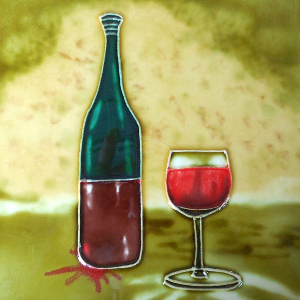 Wine hand painted ceramic art tile 8x8 inches with easel back