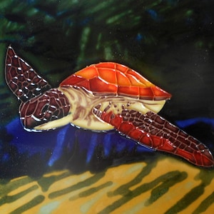 Turtle hand painted ceramic art tile 8x8 inches