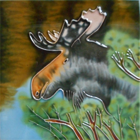 Moose Ceramic Hand Painted Art Tile 6 X Inches With Easel Back