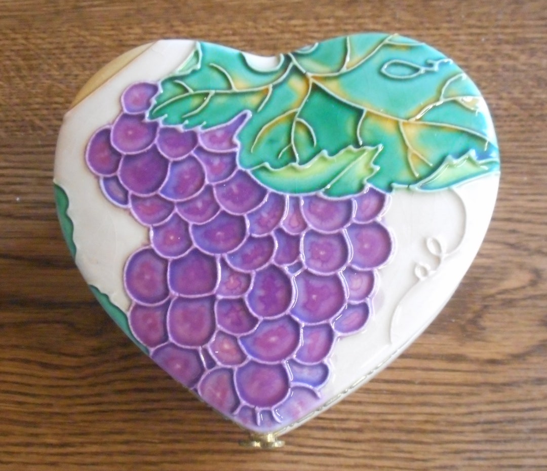 Grapes Hand Painted Ceramic Heart Art Box Etsy