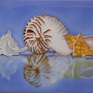 Shell hand painted ceramic art tile 8 x 10 inches with felt back