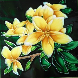 Plumeria hand painted ceramic art tile 6x6 inches with fiberboard back
