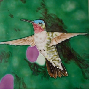 Hummingbird, hand painted ceramic art tile 6 x 6 inches with easel back