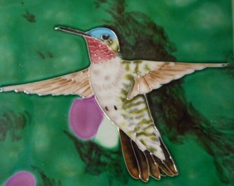 Hummingbird, hand painted ceramic art tile 6 x 6 inches with easel back