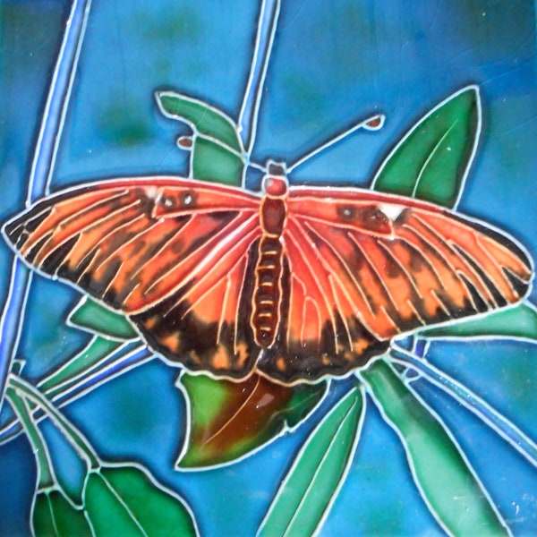 Butterfly hand painted ceramic art tile 6 x 6 inches with easel back