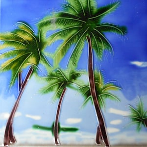 Palm trees hand painted ceramic art tile 6x6 inches with easel back