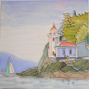 Lighthouse hand painted ceramic art tile 6 x 6 inches with easel back