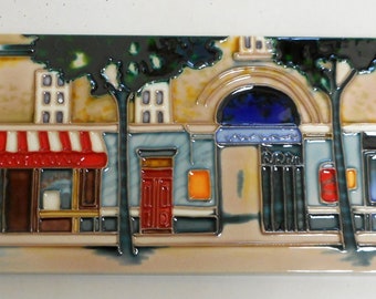 Street scene hand painted ceramic art tile 6x16 inches with felt back