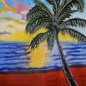 Handmålad keramisk konstplatta för strandsolnedgång 15x15 cm