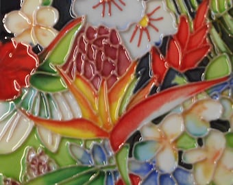 Tropical flower hand painted ceramic art tile coaster 4 x 4 inches with easel back