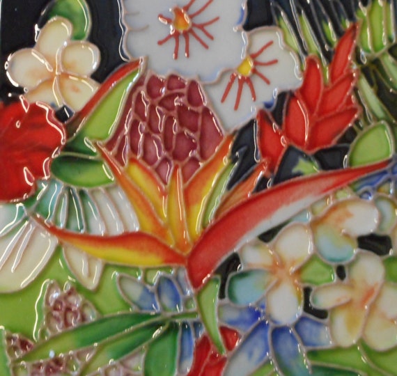 Tropical flower hand painted ceramic art tile coaster 4 x 4 inches with easel back