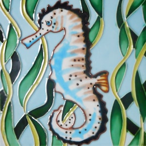 Seahorse hand painted ceramic art tile 6 x 6 inches with easel back