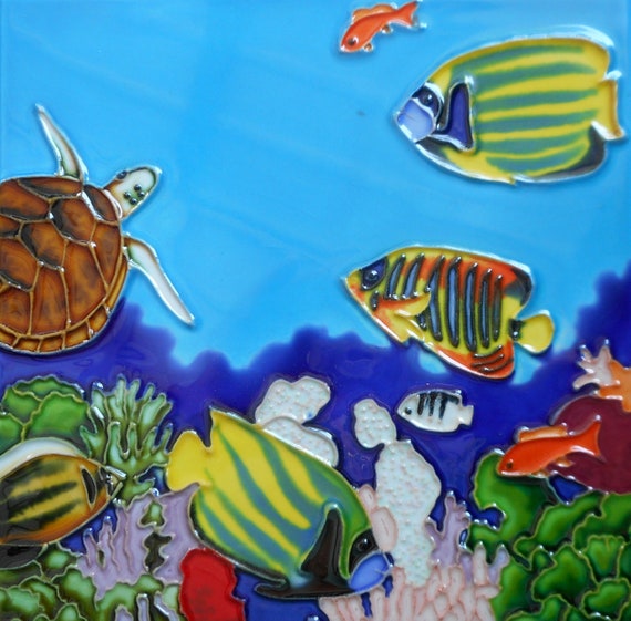 Fish Hand Painted Ceamic At Tile 8x8 Inches With Easel Back