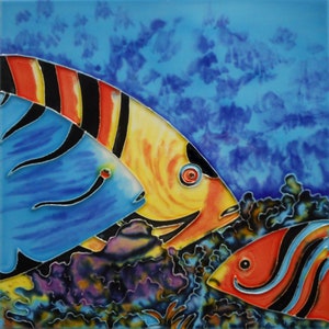 Fish ceramic hand painted art tile 6 x 6 inches with easel back