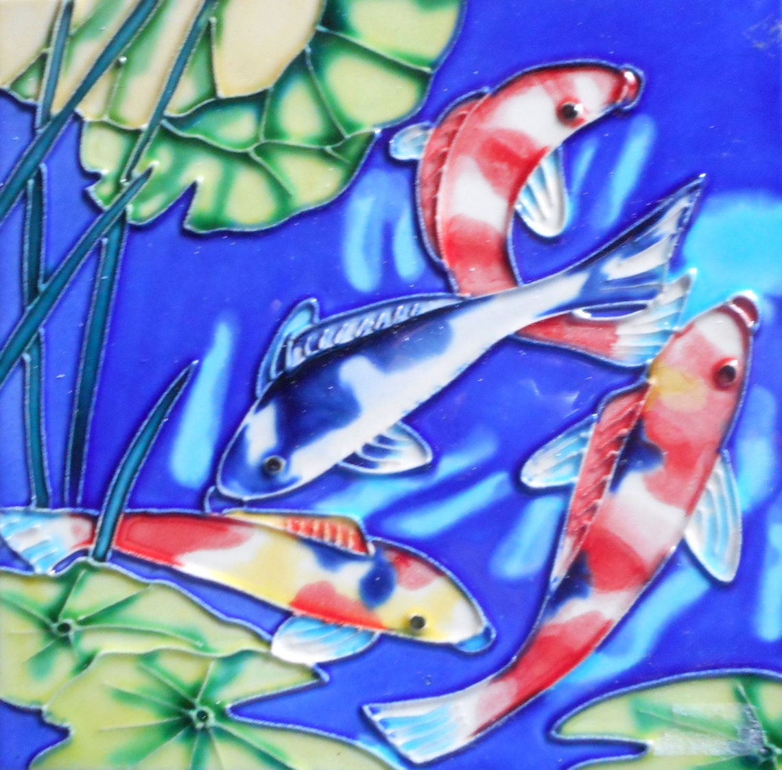 Koi fish hand painted ceramic art tile 6 x 6 inches with easel | Etsy