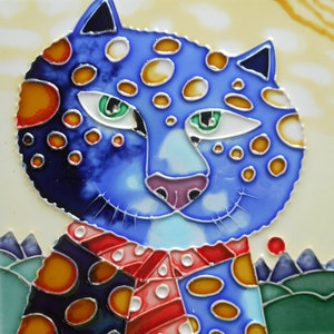 Cat hand painted ceramic art tile 8x8 inches with fiberboard back by Laura Seeley