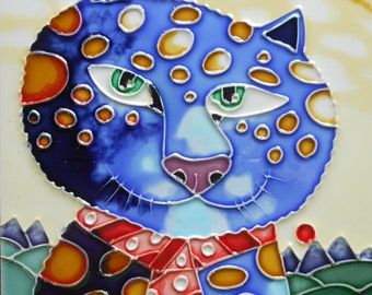 Cat hand painted ceramic art tile 8x8 inches with fiberboard back by Laura Seeley