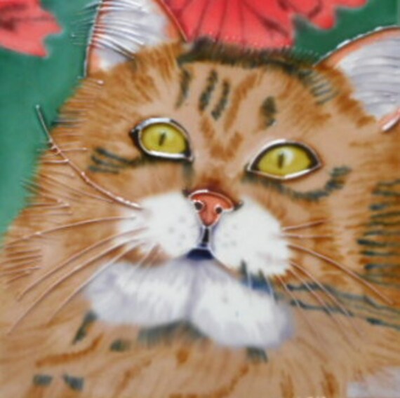 Cat hand painted ceramic art tile 6x6 inches with easel back