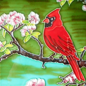 Cardinal hand painted ceramic art tile 6x6 inches with fiberboard back