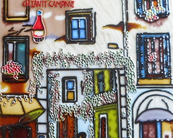 Street scene hand painted ceramic art tile 8x10 inches with felt back