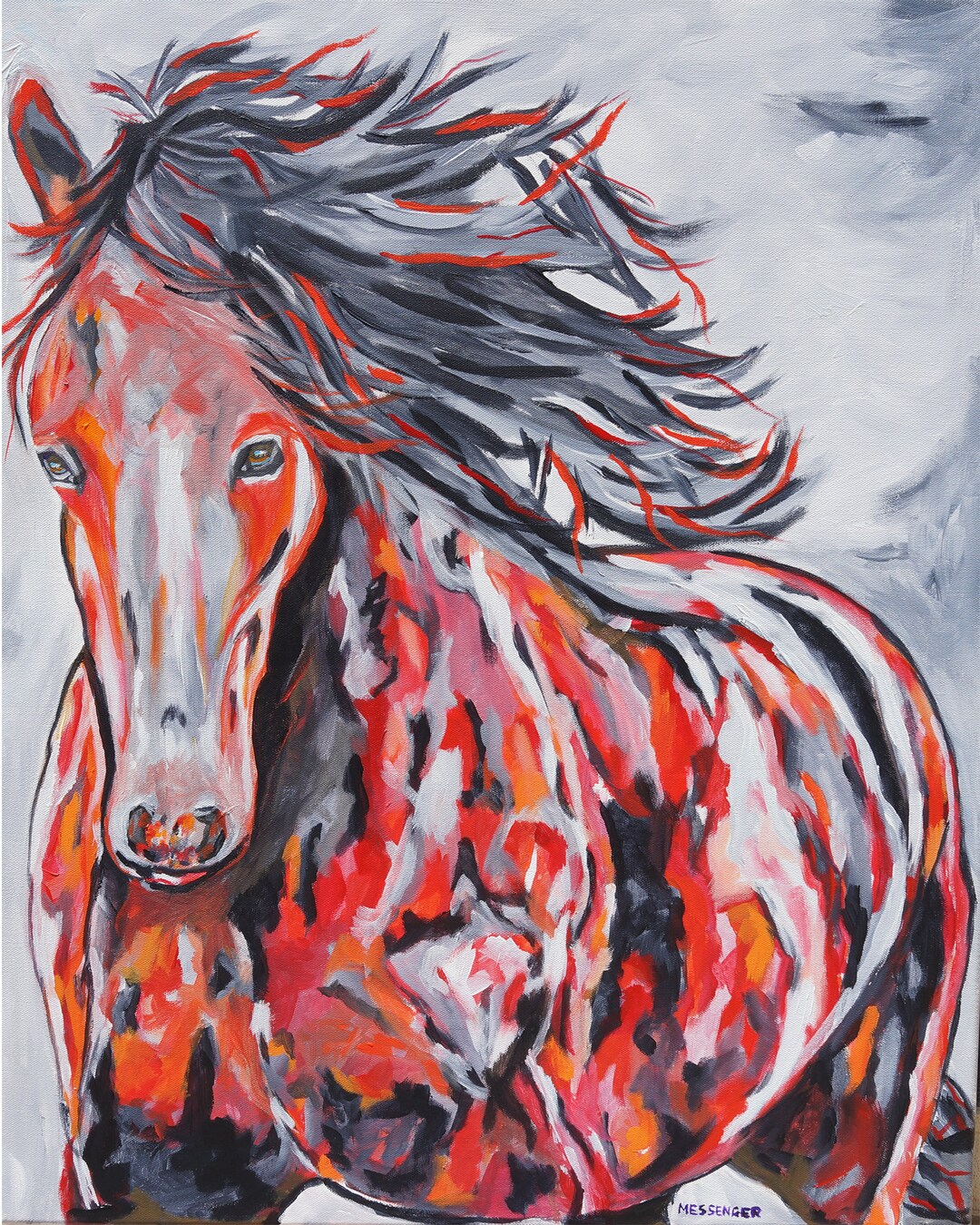 Horse, Acrylic, Original Art, Colorful Horse Art Red, Abstract Horse Art, 24 X 30 Inch Acrylic