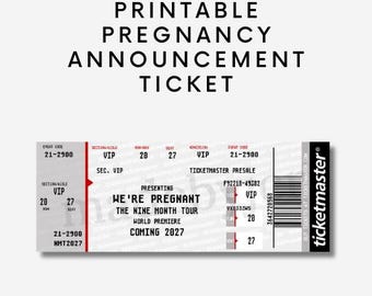 May include: A printable pregnancy announcement ticket featuring the text "We're Pregnant," "The Nine Month Tour," "World Premiere," and "Coming 2027." The ticket includes Ticketmaster branding, a barcode, and VIP section details.