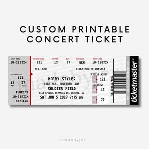 May include: A custom printable concert ticket for a Harry Styles concert at Soldier Field on 5 June 2027. The ticket features black text on a white background, including event details, section 121, row 13, seat 27, and a barcode.