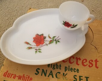 Snack Set - Rosecrest Milkglass Red Rose by Federal Glass