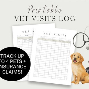 Druckbares Haustier-Veterinärbesuchs-Log für Haustier-Eltern mit Haustier-Versicherungsschadens-Tracker | Tierarzt Log | Tiergesundheitsakte | Kompatibel mit mehreren Haustieren