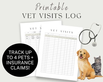 Journal de visite vétérinaire imprimable pour les parents d’animaux de compagnie avec suivi des réclamations d’assurance pour animaux de compagnie | Journal vétérinaire | Dossier de santé des animaux de compagnie | Compatible avec plusieurs animaux de compagnie