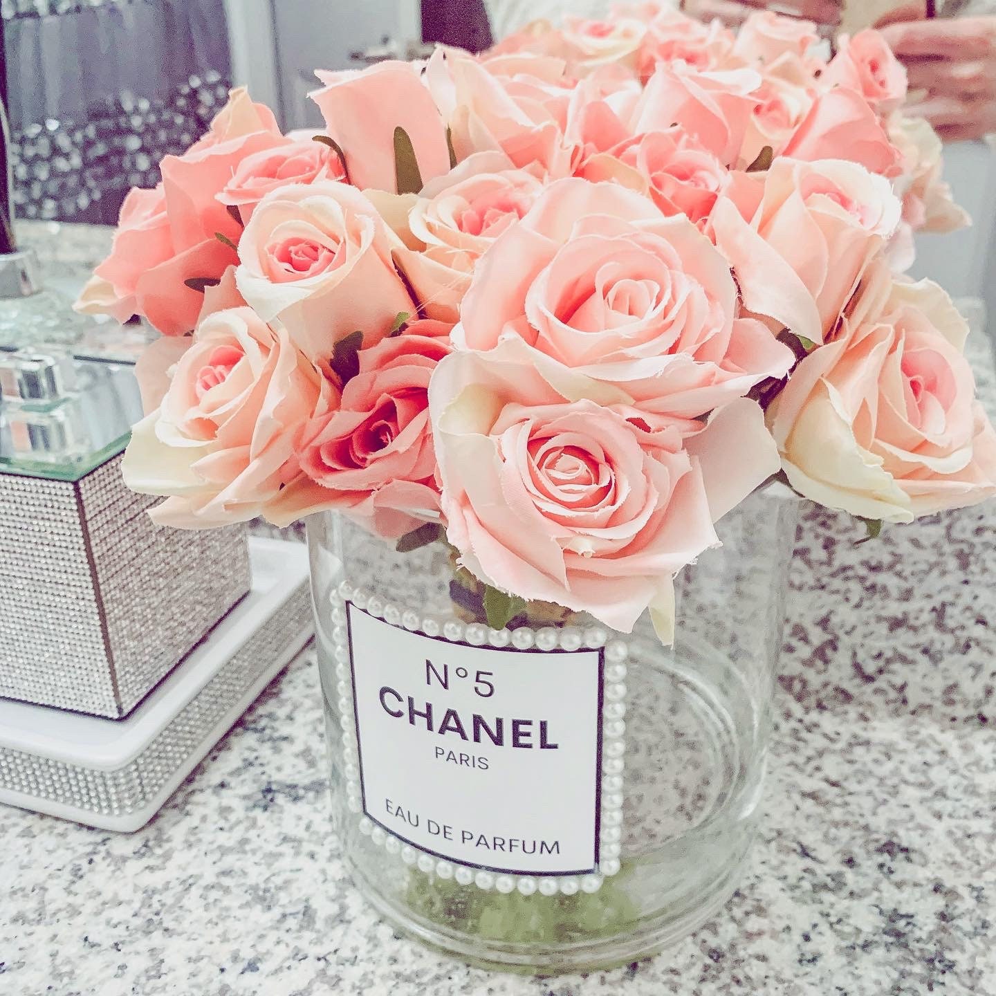 Coco Chanel Large Cylinder Flower Vases Pearl Accents 