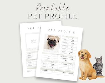 Profil d'animal de compagnie imprimable pour les parents | Journal vétérinaire | Dossier médical de l'animal de compagnie | Compatible avec plusieurs animaux de compagnie