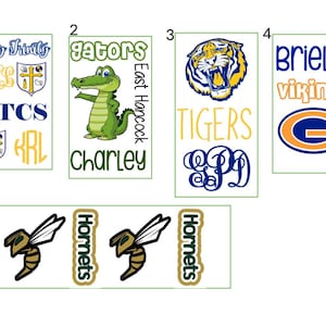 May include: A collection of rectangular designs featuring school mascots and text. Designs include a green alligator with "gators" and "Charley" text, a tiger with "Tigers" text, and a hornet with "Hornets" text.