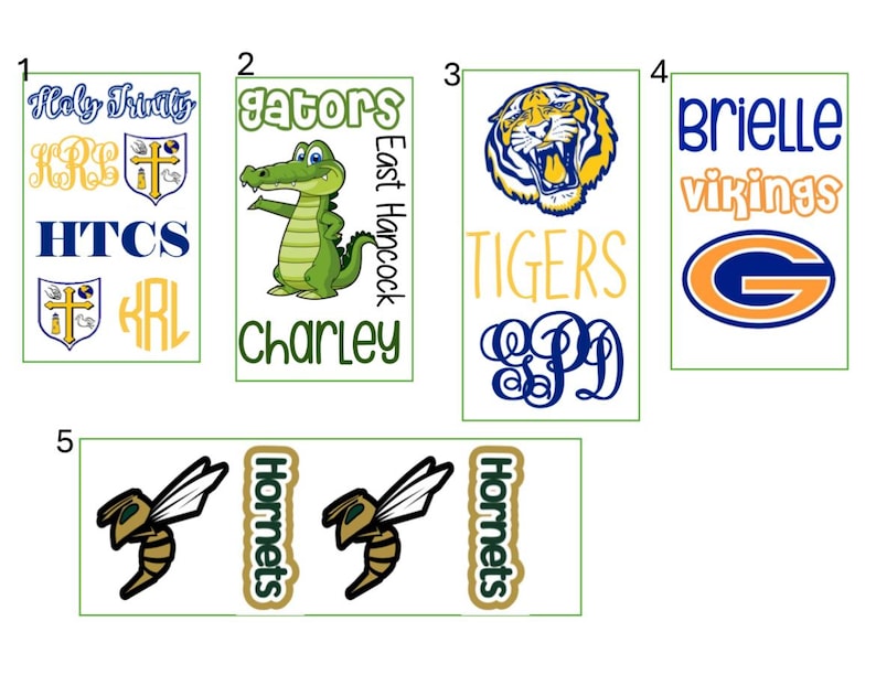 May include: A collection of rectangular designs featuring school mascots and text. Designs include a green alligator with "gators" and "Charley" text, a tiger with "Tigers" text, and a hornet with "Hornets" text.