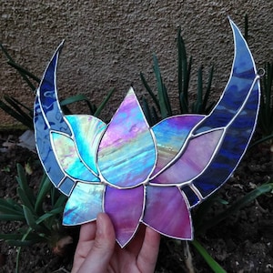 Stained glass lotus blossom,Stained glass moon,Lotus sunchatcher, Glass lotus, Lotus glass, Moon and Lotus,Rainbow lotus